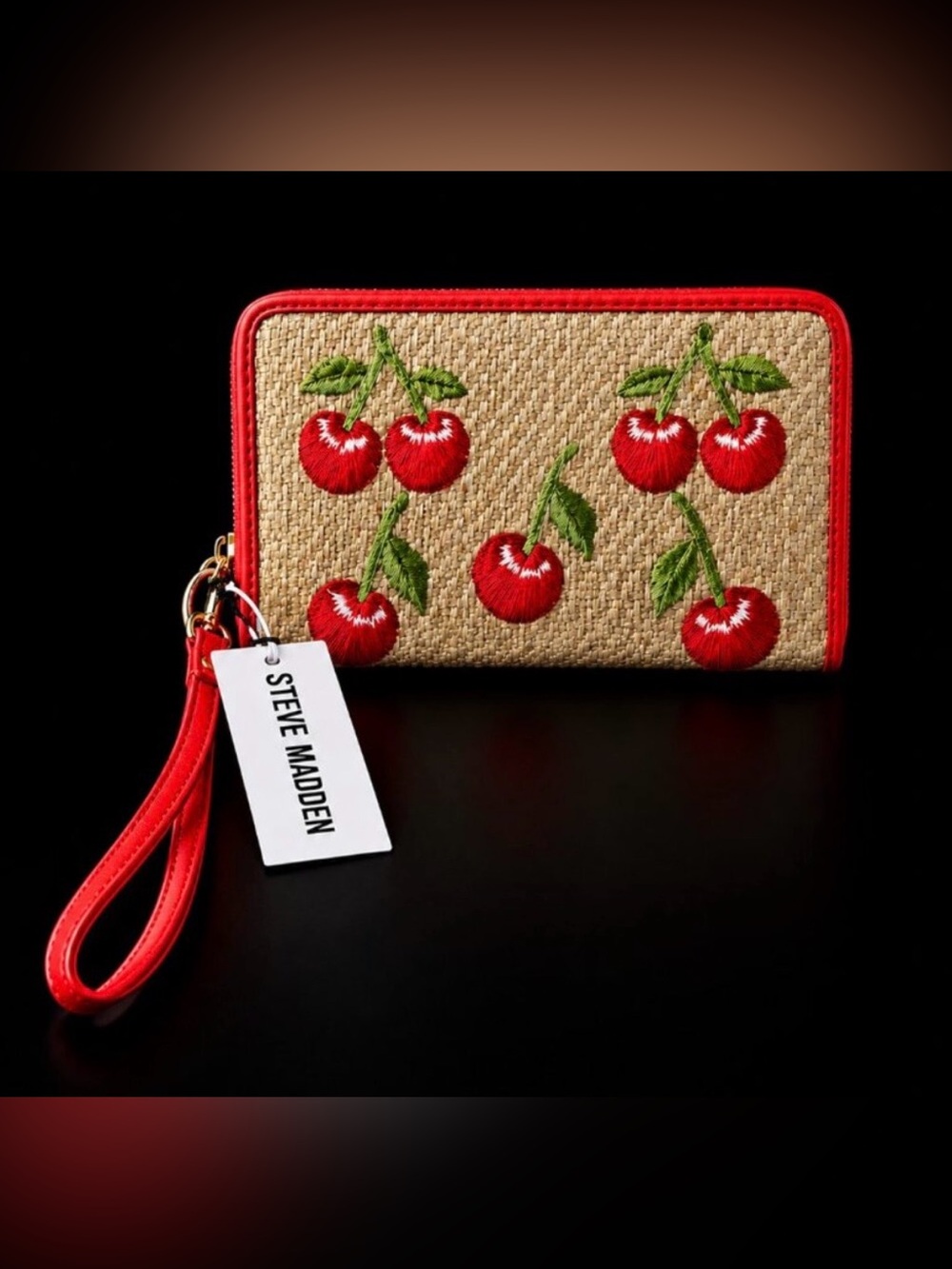 Steve Madden Red Cherry Embroidered Straw Wristlet Wallet